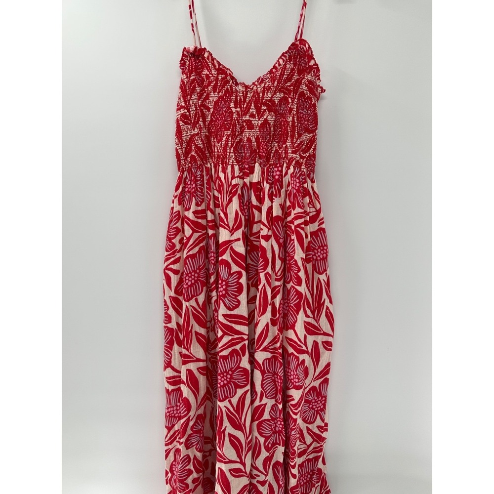 Free People Floral Smocked Maxi Dress Red Cream Cotton Boho NWT Large